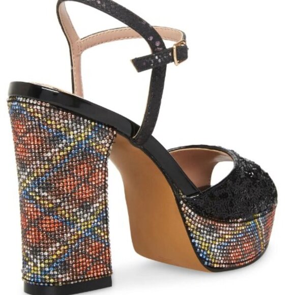 Betsey Johnson ALAIA BLACK PLAID Print Platform Sandal bling sequin NEW - Picture 6 of 8